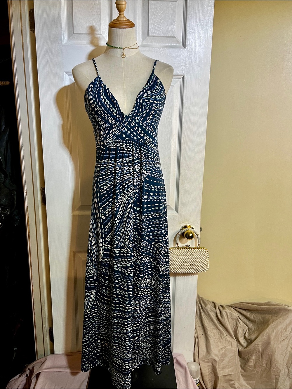 BCBG Paris Wms Navy Spotted V Neck Pleated Tie Babydoll Summer Midi Dress XS